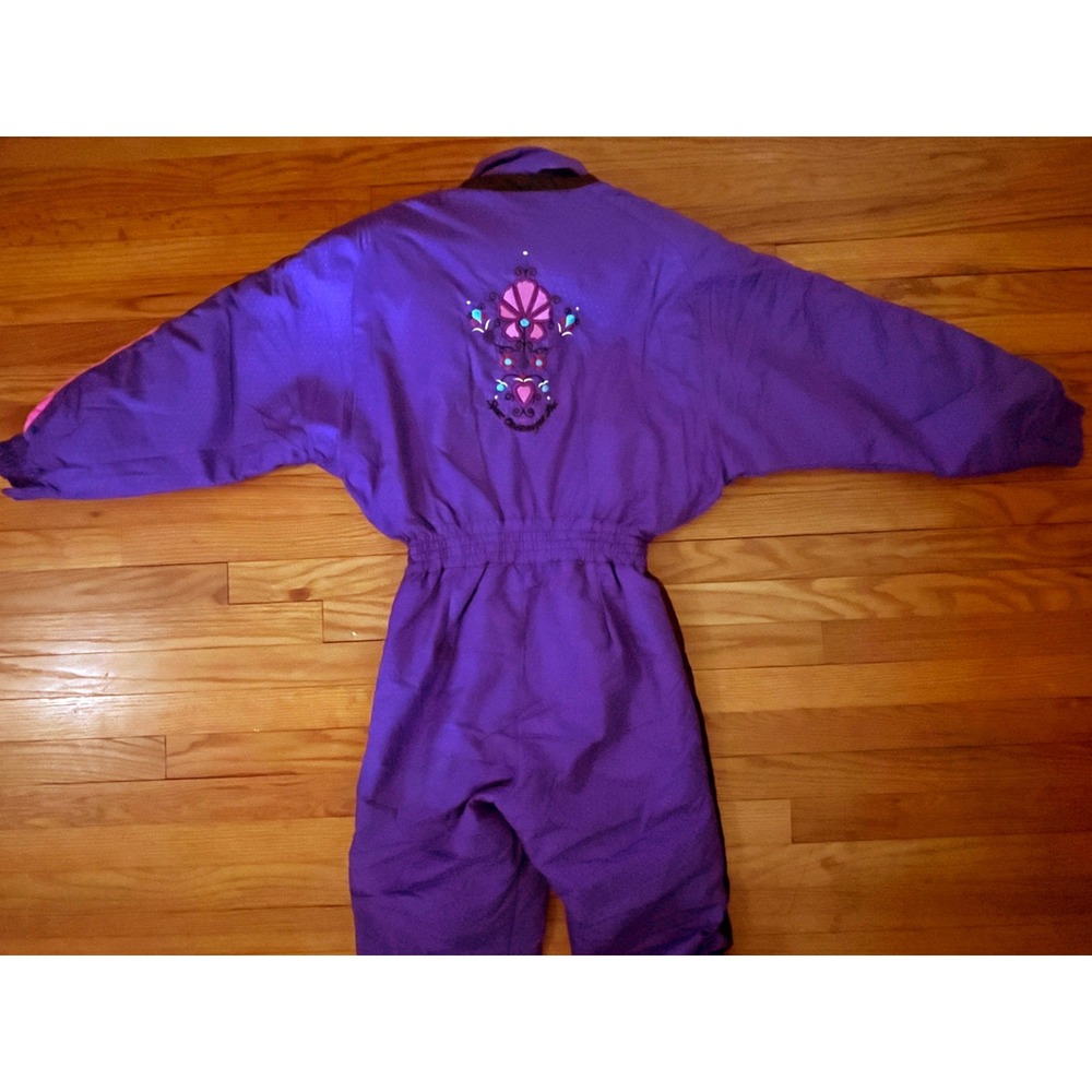 Vintage Obermeyer Brushstroke Purple Coverall Ski Snow Suit & M Mittens Women 8 - Picture 9 of 10